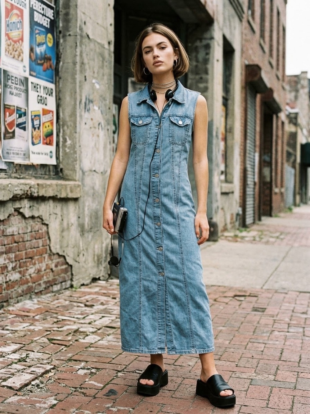 Vero Moda Vintage Style Sleeveless Denim Midi Dress Button Down Size Large L
